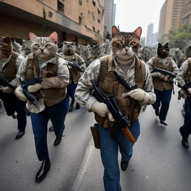 Prompt: Cats with guns marching into city as people flee