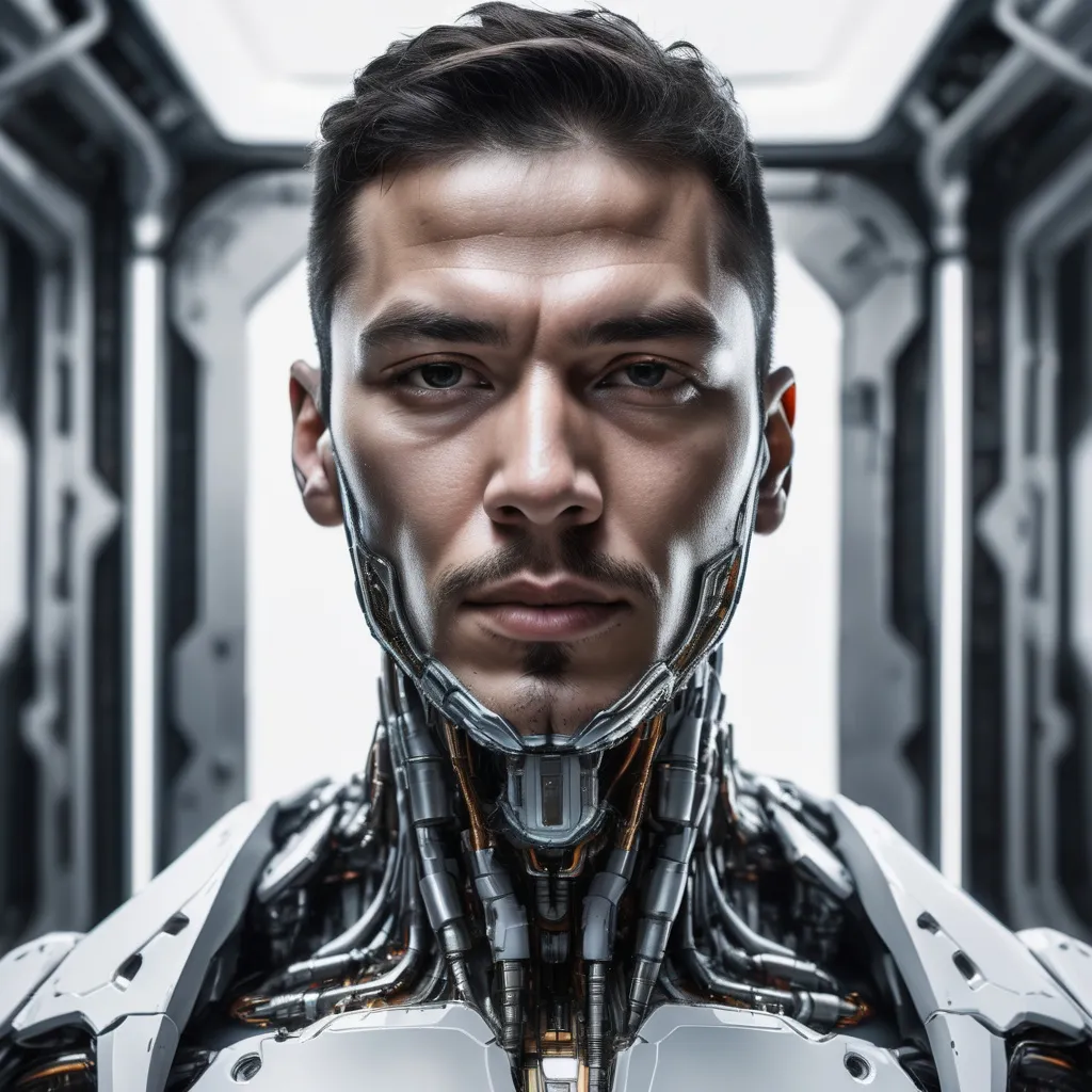 Prompt: Realistic cyborg with white background, skin on face, futuristic, high quality, detailed, male, cyborg, realistic, portrait, advanced technology, intense gaze, futuristic lighting