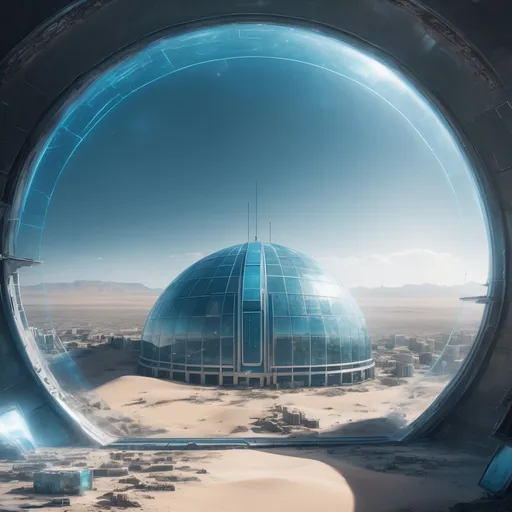 Prompt: clear dome over a futuristic blue city in the middle of an apocalyptic desert, highres, realistic, real light, bright
