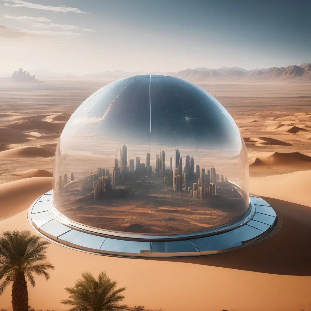 Prompt: clear dome over a futuristic city in the middle of a desert, highres, realistic, real light, bright