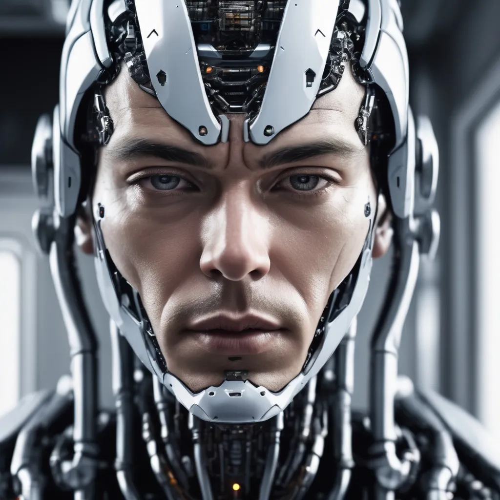 Prompt: Realistic cyborg portrait with white background, skin on face, futuristic, high quality, detailed, male, cyborg, realistic, portrait, advanced technology, intense gaze, futuristic lighting