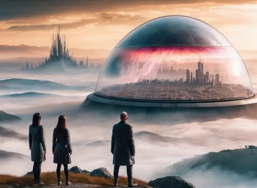 Prompt: scary people standing on an apocalyptic hill looking at a futuristic beautiful city that is covered by a transparent force field dome