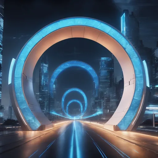 Prompt: futuristic blue lighting circle city gate, highres, realistic