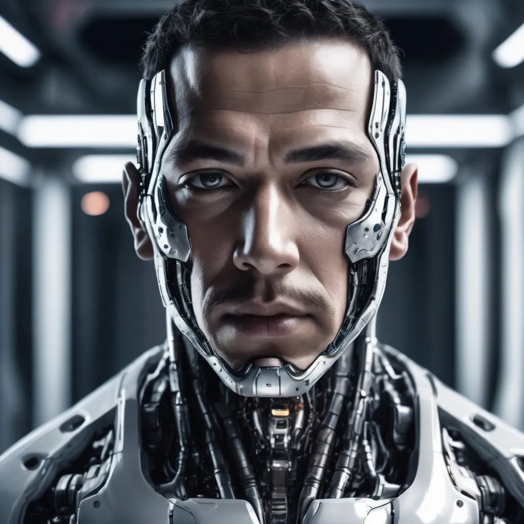 Prompt: Realistic cyborg portrait with white background, skin on face, futuristic, high quality, detailed, male, cyborg, realistic, portrait, advanced technology, intense gaze, futuristic lighting, futuristic ai background