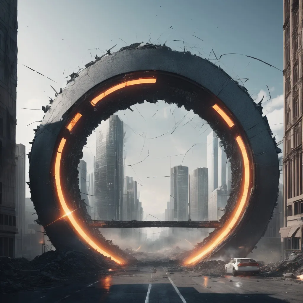 Prompt: futuristic circle destroyed city gate, highres, realistic, force field