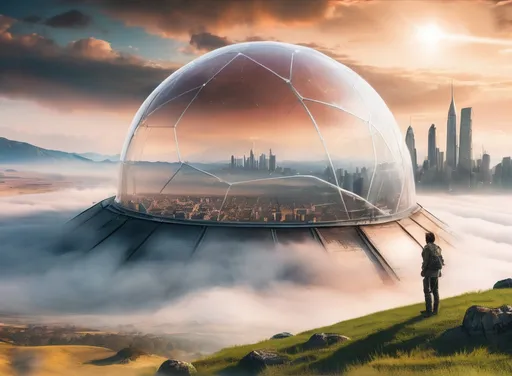 Prompt: scary people standing on an apocalyptic hill looking at a futuristic beautiful city that is covered by a transparent force field dome