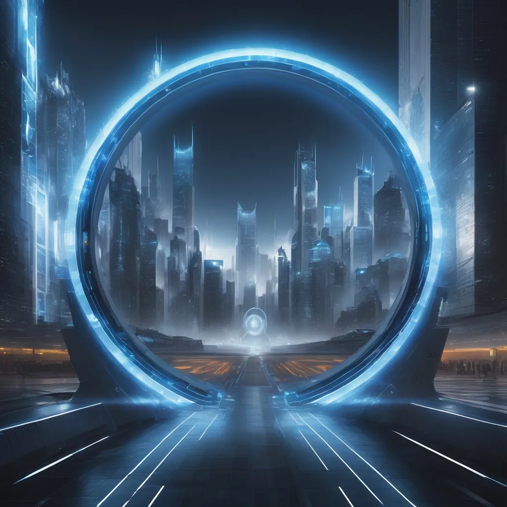 Prompt: futuristic blue lighting circle city air gate, highres, realistic, force field