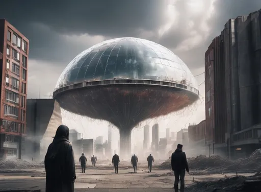Prompt: modern city covered by a force field dome, outside the dome apocalyptic area with strange people