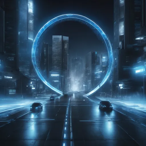 Prompt: futuristic blue lighting circle city gate, highres, realistic, force field