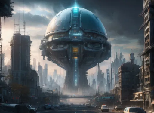 Prompt: Futuristic city under protective force field, realistic, bright, apocalyptic landscape outside, highres, ultra-detailed, sci-fi, realistic, futuristic, force field dome, apocalyptic, bright, cityscape, detailed buildings, post-apocalyptic landscape, protective barrier, realistic lighting, dystopian, atmospheric, professional