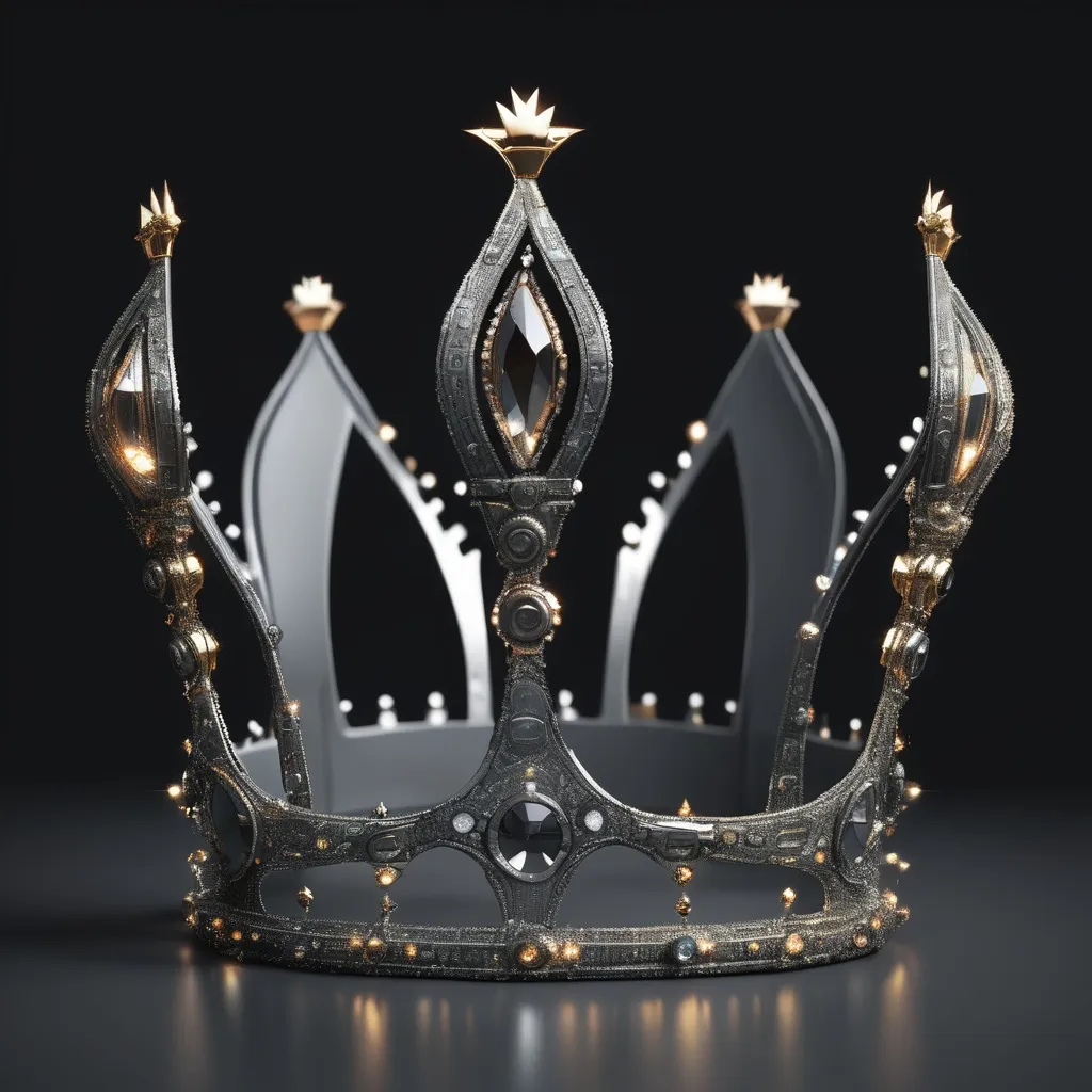 Prompt: futuristic crown, dark grey background, realistic, highres, real lights, detailed