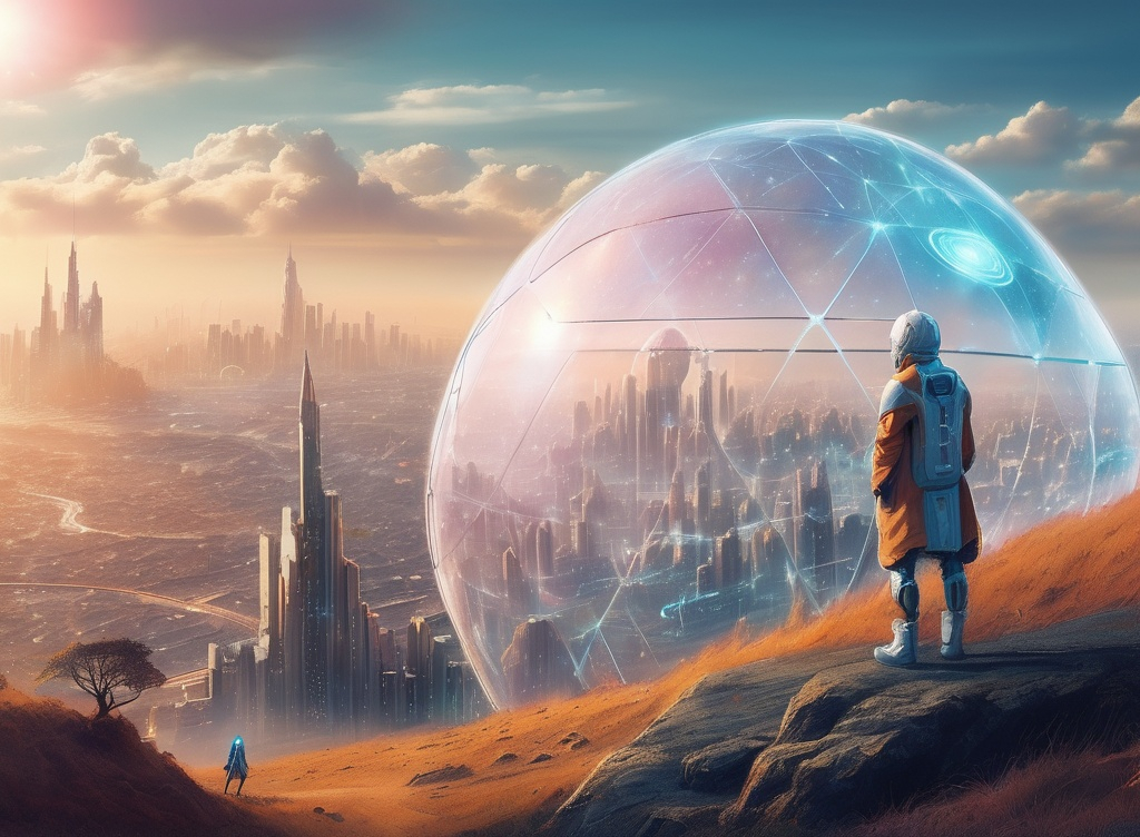 Prompt: few strange people standing on an apocalyptic hill looking at a futuristic bright city that is covered by a clear force field dome, 