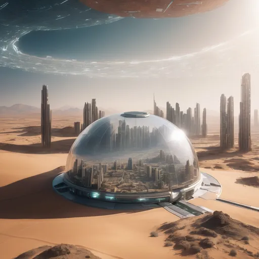 Prompt: clear dome over a futuristic city in the middle of a desert, highres, realistic, real light, bright