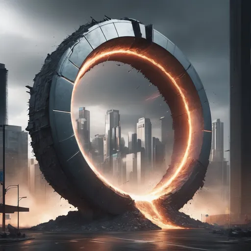 Prompt: futuristic circle destroyed city gate, highres, realistic, force field