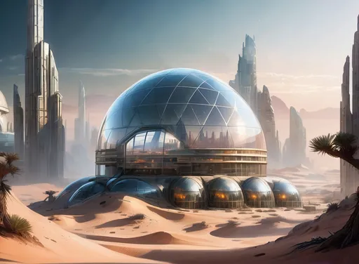 Prompt: futuristic city under transparent dome, realistic, bright, apocalyptic desert landscape outside, highres, ultra-detailed, sci-fi, realistic, bright, cityscape, detailed buildings, realistic lighting, dystopian, atmospheric, professional