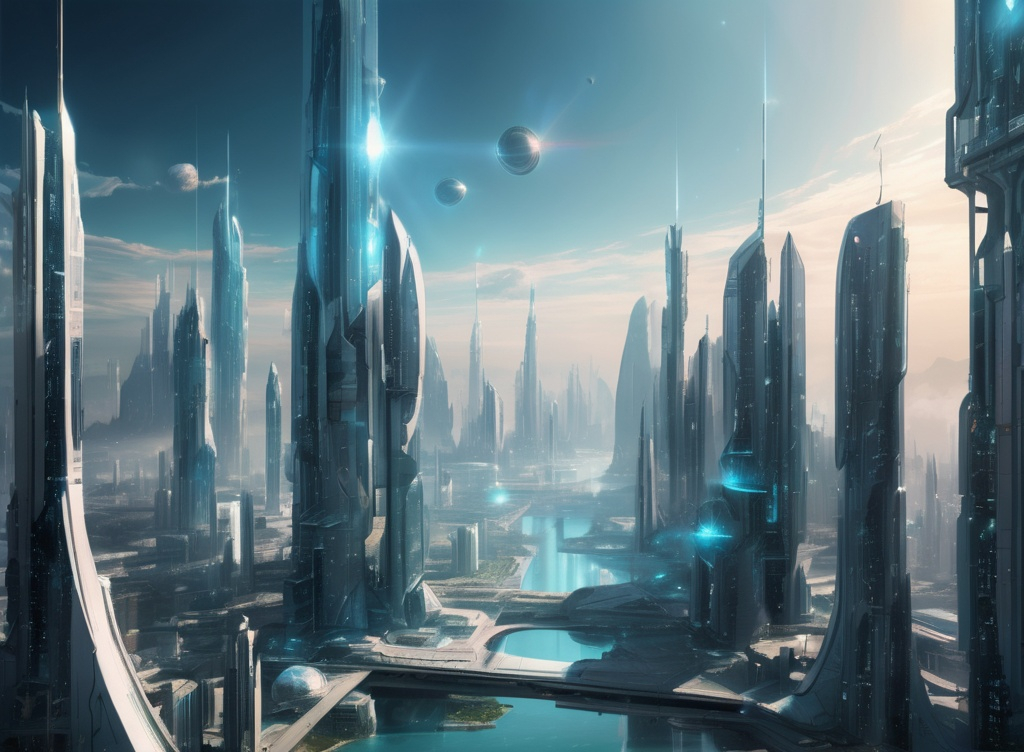 Prompt: futuristic city, realistic, bright, view from far