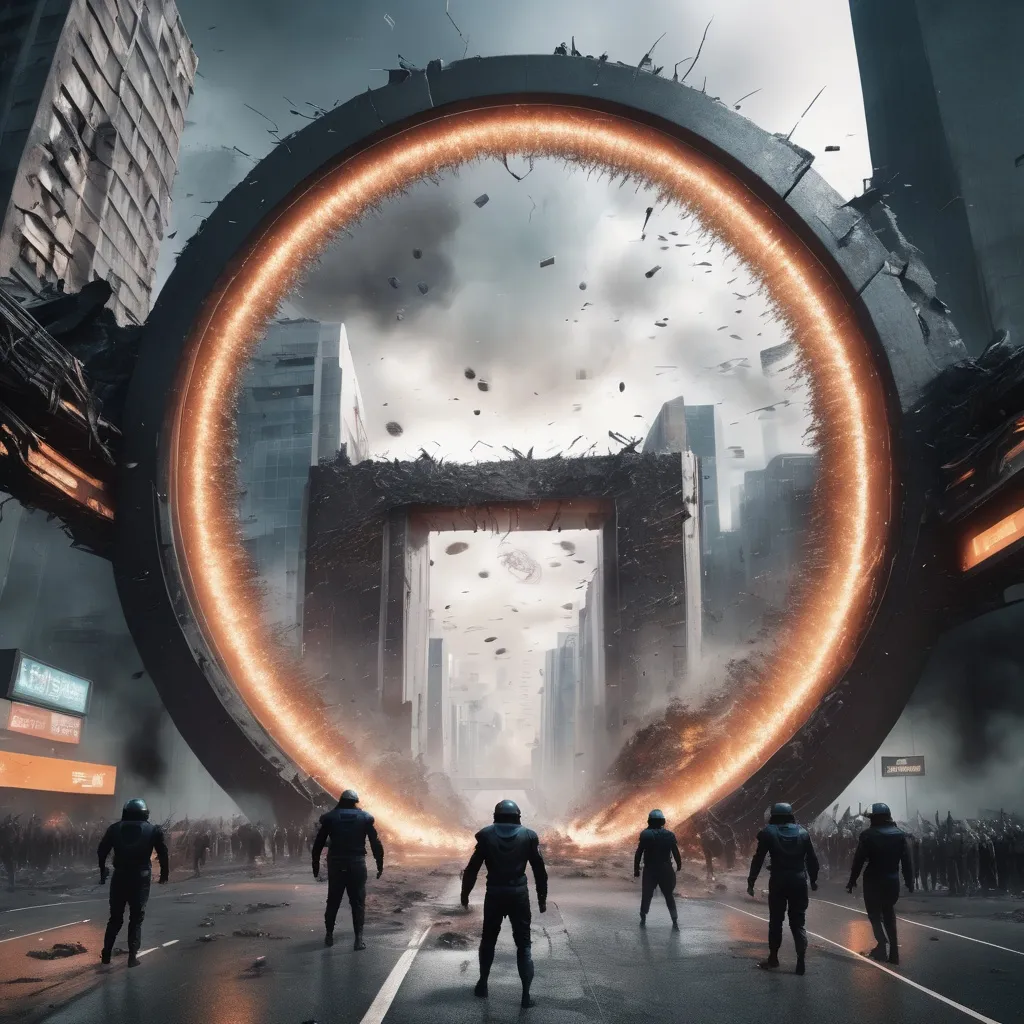 Prompt: futuristic circle destroyed city gate, highres, realistic, force field, many scary people going through the gate