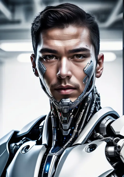 Prompt: Realistic cyborg with white background, skin on face, futuristic, high quality, detailed, male, cyborg, realistic, portrait, advanced technology, intense gaze, futuristic lighting