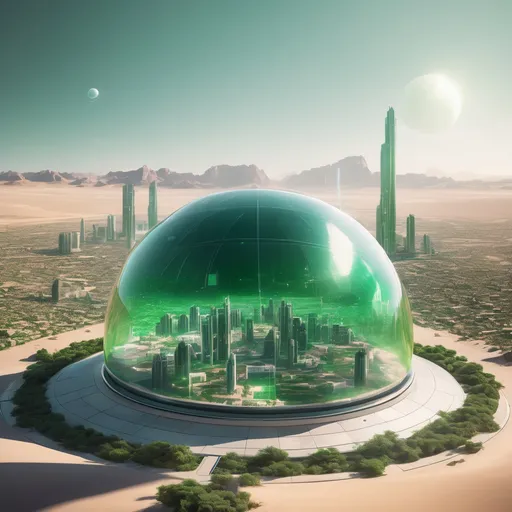 Prompt: clear dome over a futuristic green city in the middle of a desert, highres, realistic, real light, bright