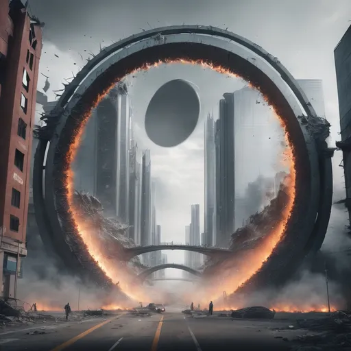 Prompt: futuristic circle destroyed city gate, highres, realistic, force field, scary people going through the gate