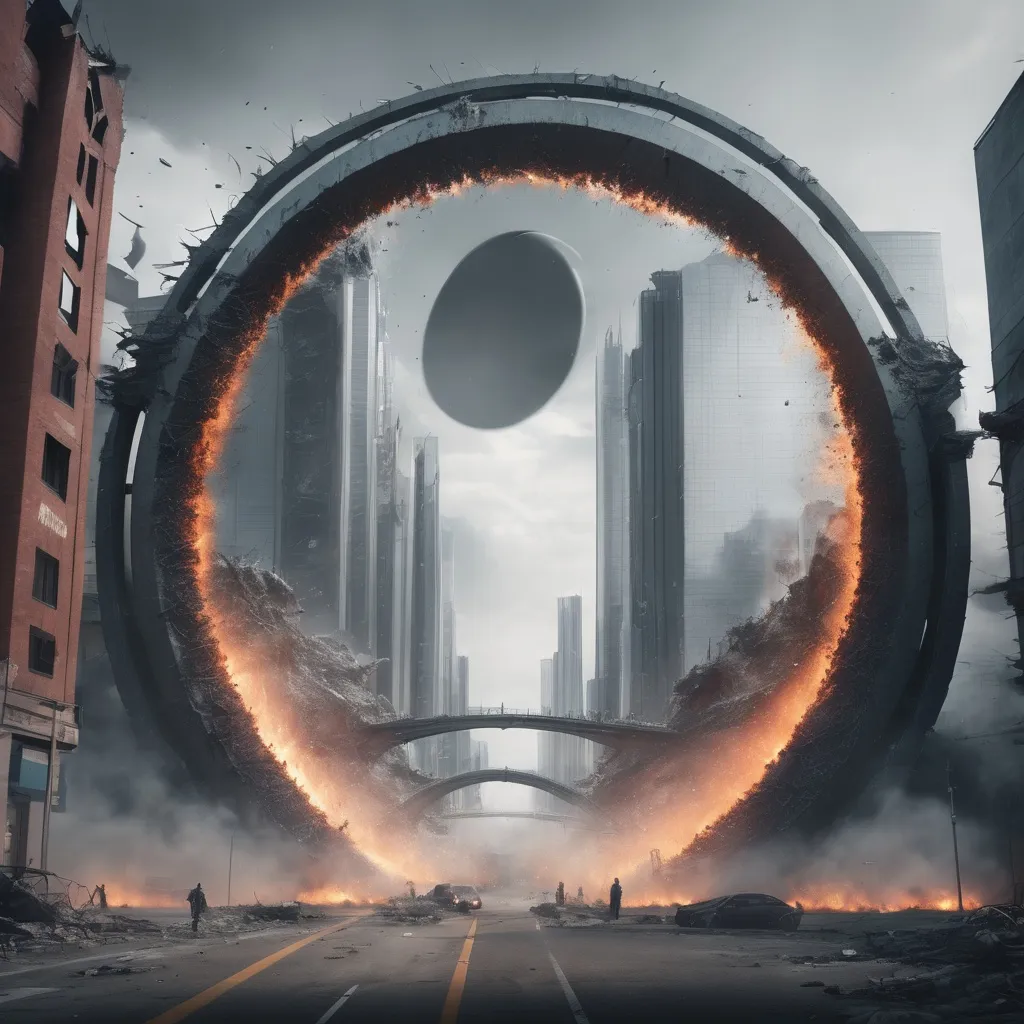 Prompt: futuristic circle destroyed city gate, highres, realistic, force field, scary people going through the gate