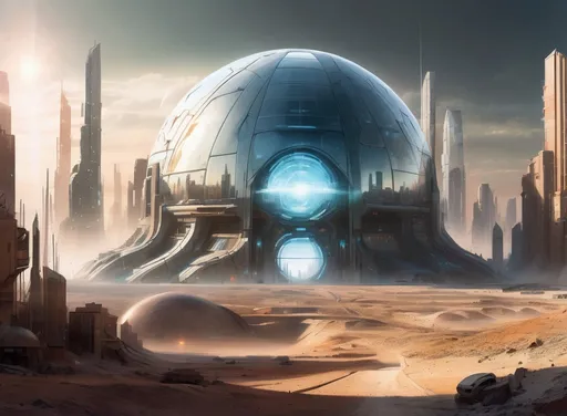 Prompt: huge futuristic city under a large transparent force field, realistic, bright, apocalyptic desert landscape outside, highres, ultra-detailed, sci-fi, realistic, futuristic, force field dome, apocalyptic, bright, cityscape, detailed buildings, post-apocalyptic landscape, realistic lighting, dystopian, atmospheric, professional
