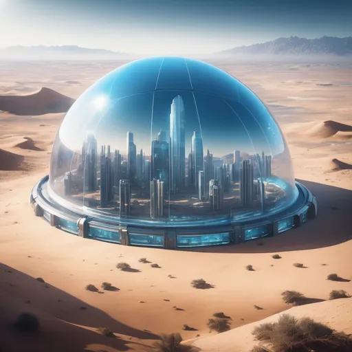 Prompt: clear dome over a futuristic blue city in the middle of a desert, highres, realistic, real light, bright