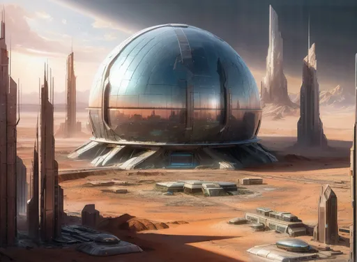 Prompt: Futuristic city under clear force field, realistic, bright, apocalyptic desert landscape outside, highres, ultra-detailed, sci-fi, realistic, futuristic, force field dome, apocalyptic, bright, cityscape, detailed buildings, post-apocalyptic landscape, realistic lighting, dystopian, atmospheric, professional