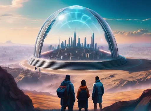 Prompt: few strange people standing on an apocalyptic hill looking at a futuristic bright city that is covered by a clear force field dome, 