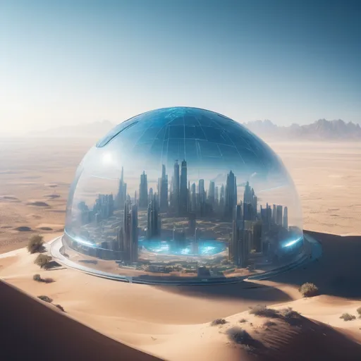 Prompt: clear dome over a futuristic blue city in the middle of a desert, highres, realistic, real light, bright