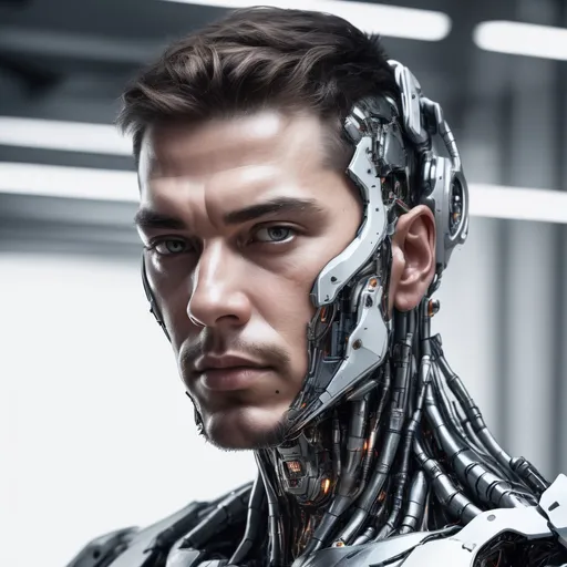 Prompt: Realistic cyborg portrait with white background, skin on face, futuristic, high quality, detailed, male, cyborg, realistic, portrait, advanced technology, intense gaze, futuristic lighting