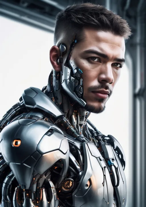 Prompt: Realistic cyborg with white background, skin on face, futuristic, high quality, detailed, male, cyborg, realistic, portrait, advanced technology, intense gaze, futuristic lighting