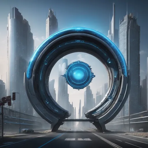 Prompt: futuristic circle blue city gate, highres, realistic, force field