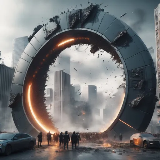 Prompt: futuristic circle destroyed city gate, highres, realistic, force field, many scary people going through the gate