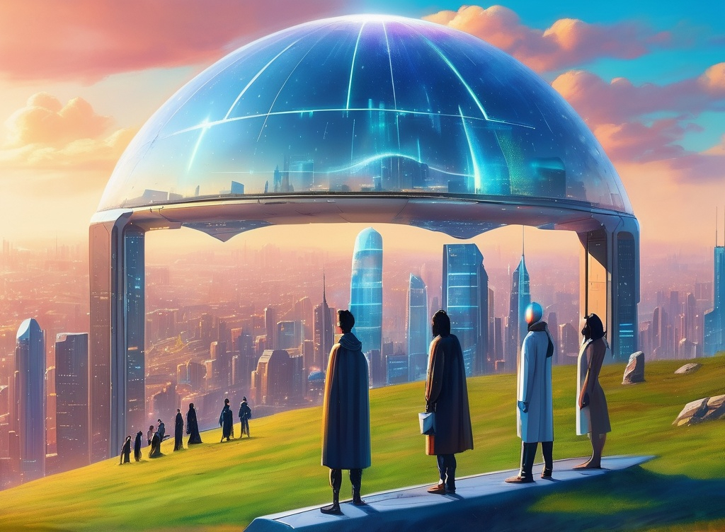 Prompt: few strange people standing on a hill looking at a futuristic bright city, whole city covered by clear force field dome, 