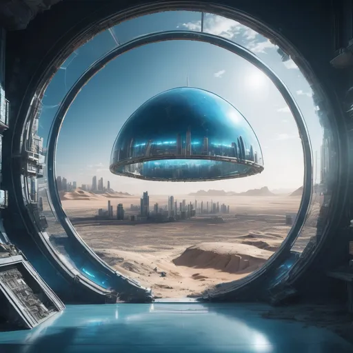 Prompt: clear dome over a futuristic blue city in the middle of an apocalyptic desert, highres, realistic, real light, bright