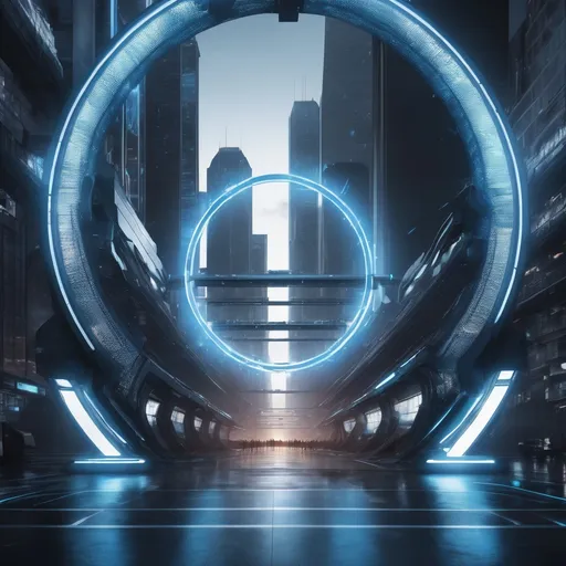 Prompt: futuristic blue lighting circle city air gate, highres, realistic, force field