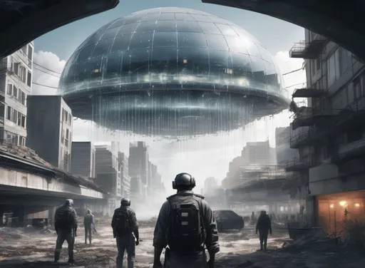 Prompt: large modern bright city covered by a clear force field dome, outside the dome apocalyptic area with strange armed people