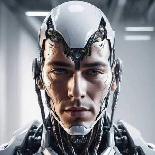 Prompt: Realistic cyborg portrait with white background, skin on face, futuristic, high quality, detailed, male, cyborg, realistic, portrait, advanced technology, intense gaze, futuristic lighting, futuristic ai background