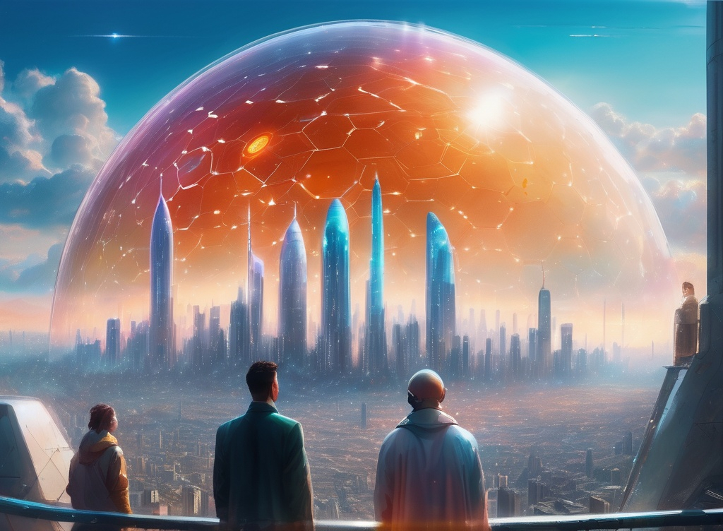 Prompt: few strange people standing on a hill looking at a futuristic bright city, whole city covered by clear force field dome, 