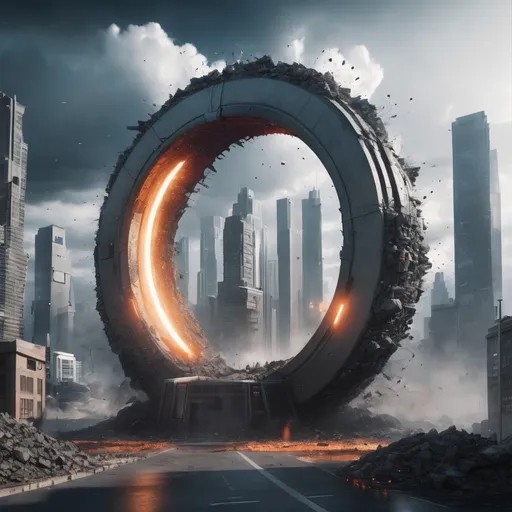 Prompt: futuristic circle destroyed city gate, highres, realistic, force field