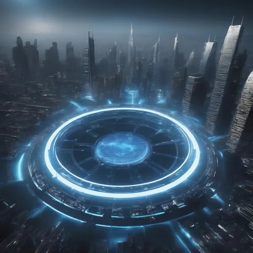 Prompt: futuristic blue lighting circle city air gate, highres, realistic, force field
