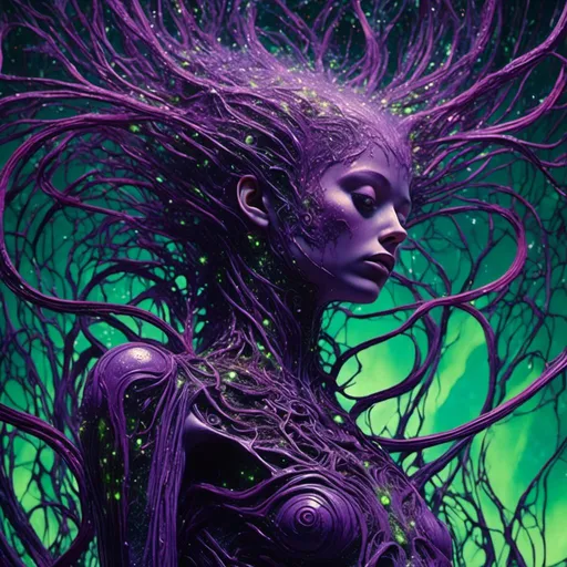 Prompt: <mymodel> Weird massurrealism. Medium shot. A deformed figure stands in a cosmic void. Low-angle shot. In the style of H.R. Giger and Harry Clarke. Glowing purple tendrils emanating from the figure's limbs. Eyes glowing with an otherworldly green light. Cosmic dust swirling in the void behind. Moody, dark color scheme with neon highlights. 8k resolution. Best quality. Innovative art brut. Immersive atmospheric lighting. Heavy contrasts. Victorian sci-fi elements. Medieval anatomical drawing influences. Art deco elegance.