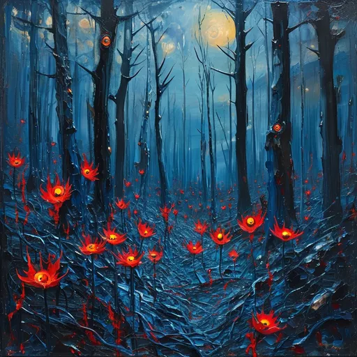 Prompt: a really dark midnight forest, the sky is pure dark, the trees are very tall and there's some red shining eyeball shape flowers, the ground is tangled like many threads, the atmosphere is horror, scary and dangerous like hell, High saturation and strong contrast colors(blue and red). it's night time, no moon
it's rough oil paint 