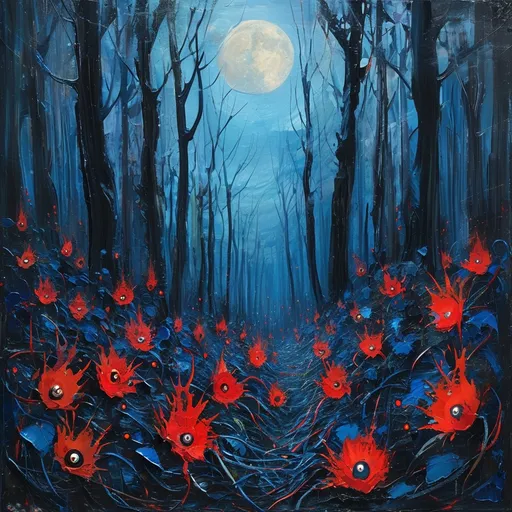 Prompt: a really dark midnight forest, the sky is pure dark, the trees are very tall and there's some red shining eyeball shape flowers, the ground is tangled like many threads, the atmosphere is horror, scary and dangerous like hell, High saturation and strong contrast colors(blue and red). it's night time, red moon
it's rough oil paint 