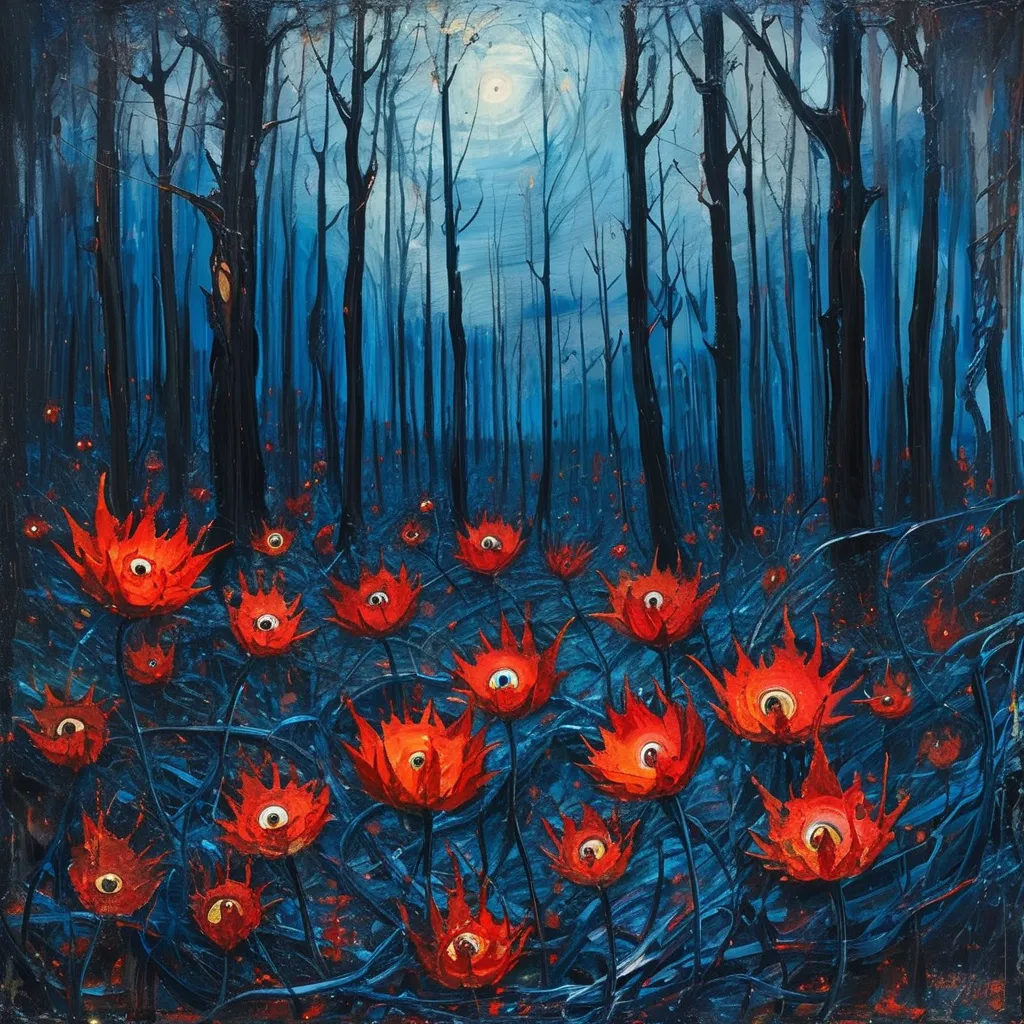 Prompt: a really dark midnight forest, the sky is pure dark, the trees are very tall and there's some red shining eyeball shape flowers, the ground is tangled like many threads, the atmosphere is horror, scary and dangerous like hell, High saturation and strong contrast colors(blue and red). it's night time, no moon
it's rough oil paint 