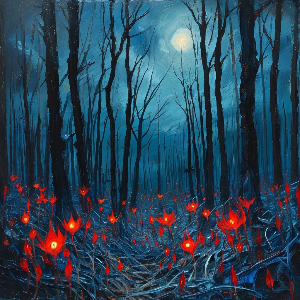 Prompt: A moonless, pitch-black night, dark forest, the sky is pure dark, the trees are very tall and there's some red shining eyeball shape flowers, the ground is tangled like many threads, the atmosphere is horror, scary and dangerous like hell, High saturation and strong contrast colors(blue and red). it's night time,
it's rough oil paint 