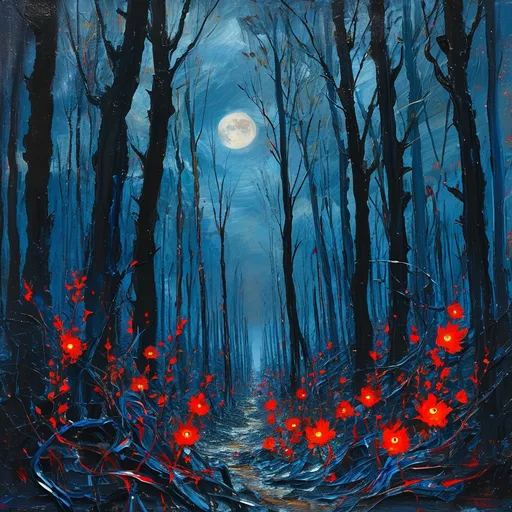 Prompt: A moonless, pitch-black night, dark forest, the sky is pure dark, the trees are very tall and there's some red shining eyeball shape flowers, the ground is tangled like many threads, the atmosphere is horror, scary and dangerous like hell, High saturation and strong contrast colors(blue and red). it's night time,
it's rough oil paint 