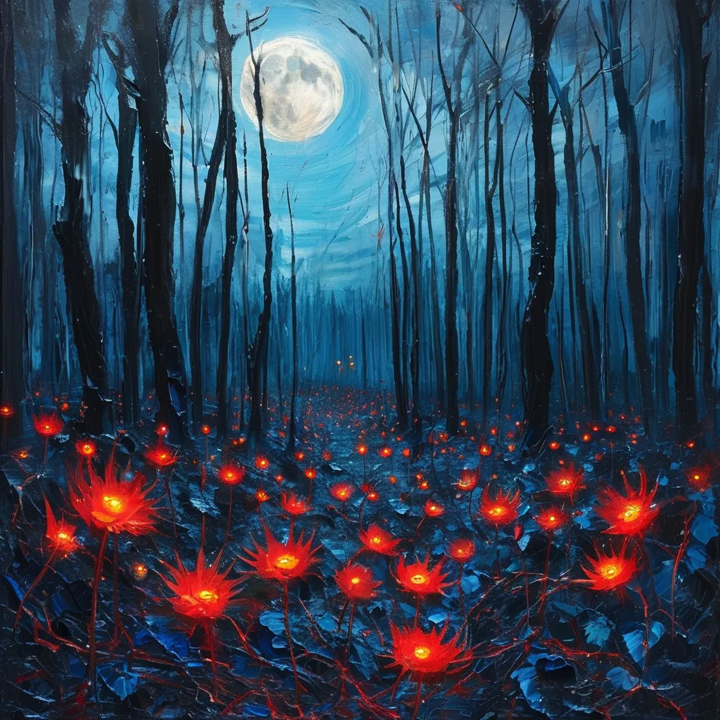 Prompt: a really dark midnight forest, the sky is pure dark, the trees are very tall and there's some red shining eyeball shape flowers, the ground is tangled like many threads, the atmosphere is horror, scary and dangerous like hell, High saturation and strong contrast colors(blue and red). it's night time, red moon
it's rough oil paint 