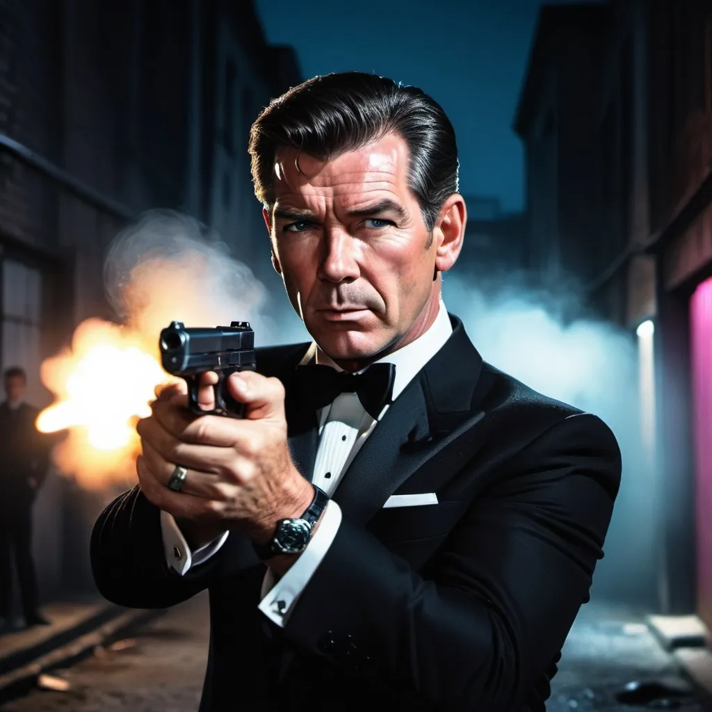 Prompt: Make an image of pierce brosnan james bond, holding gun